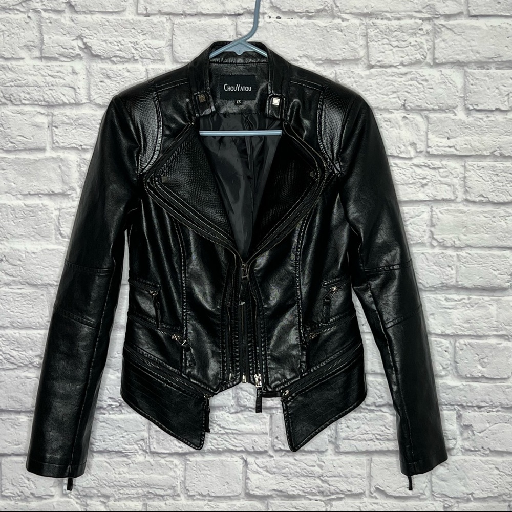 Black Faux Leather Fitted Moto Style Jacket